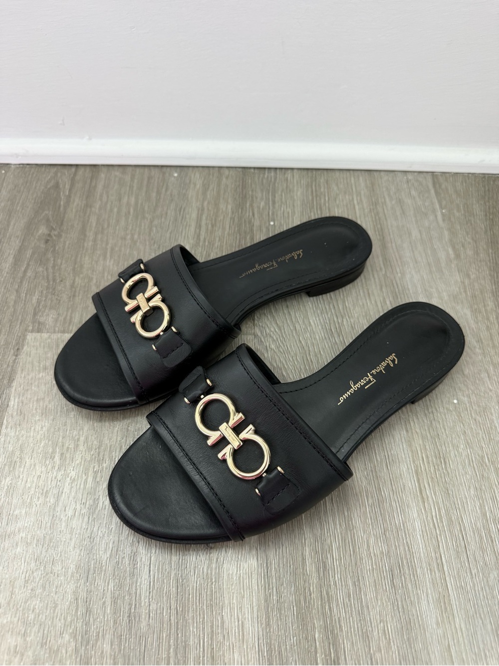 Salvatore Ferragamo Black Leather Slide Sandals with Gold Gancini